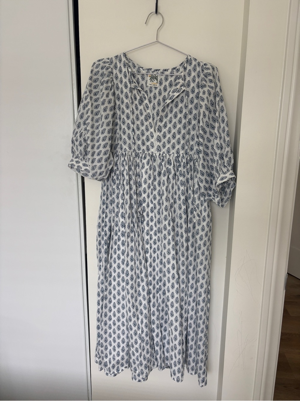 Called To Surf Cotton Boho White Maxi Dress with Blue Indian Block Print